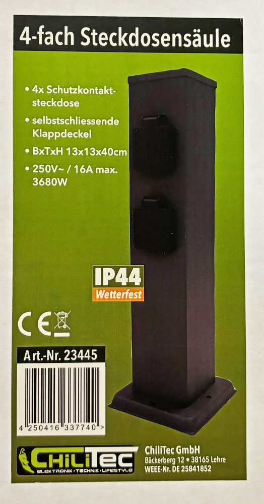 ChiliTec Steckdosensäule 4-fach Anthrazit IP44 Aussensteckdose 23445