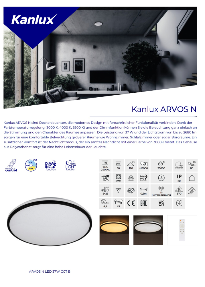 LED Deckenleuchte ARVOS N CCT 3000-6500K dimmbar Ø500 weiss 37W Kanlux 37332