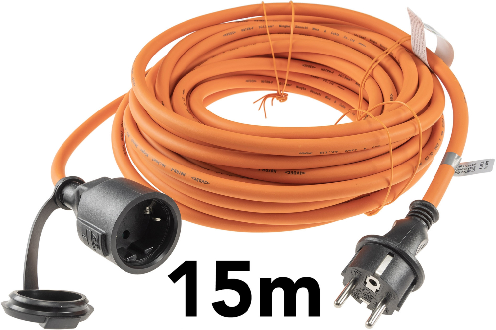 Verlängerungskabel 15m IP44 Orange H07RN-F 3G1,5 Stecker und Kupplung mit Kappe 23612