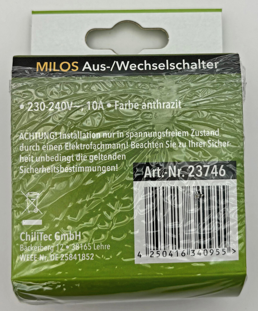 MILOS Wechselschalter Anthrazit Klemmanschluss, mit Rahmen 23746