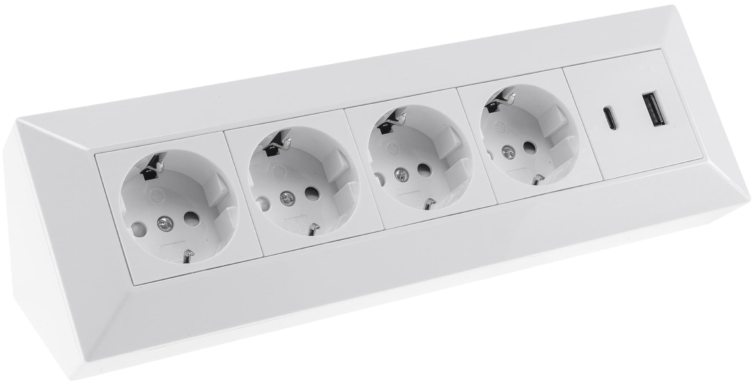 4-fach Steckdosenblock + 2x USB A+C 3,1A PD weiß Aufbau-Steckdosen Schutzkontakt 23788