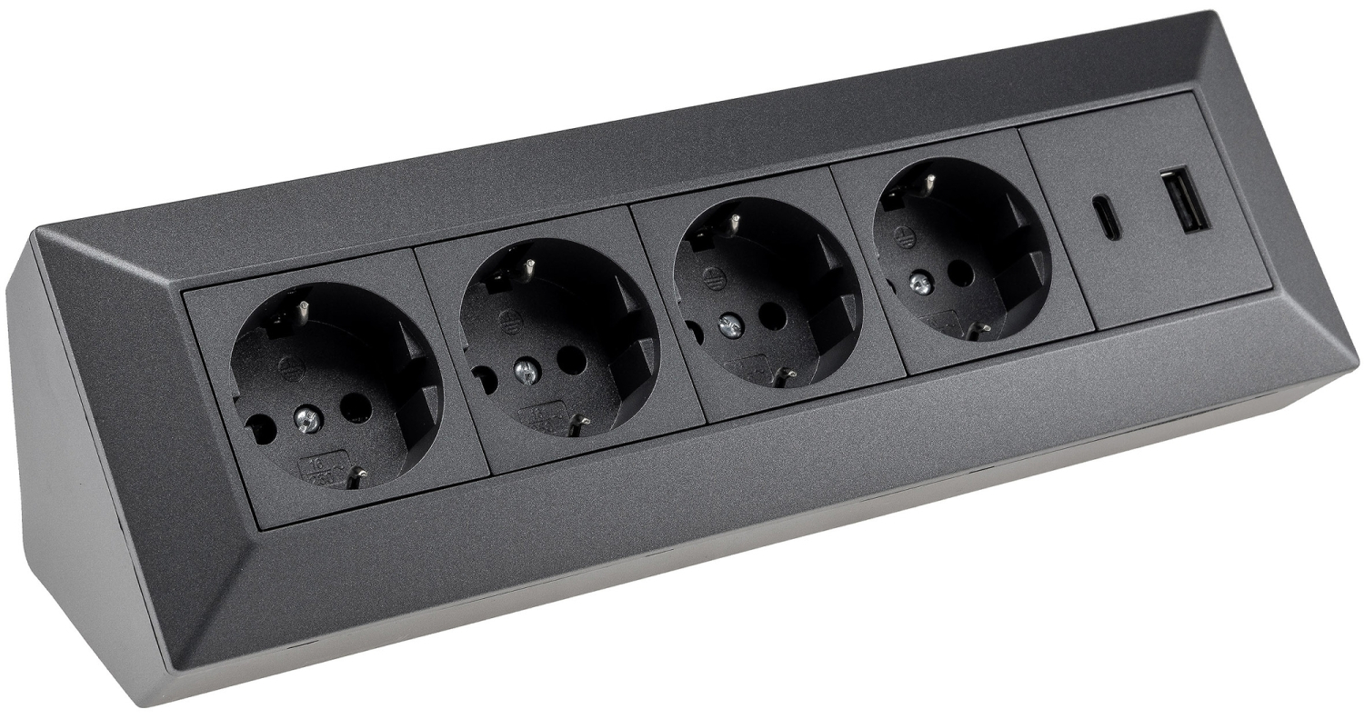4-fach Steckdosenblock + 2x USB A+C 3,1A schwarz Aufbausteckdosen 23791
