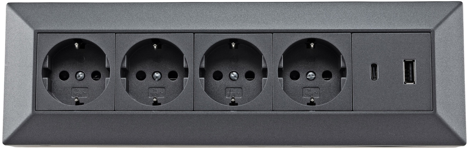 4-fach Steckdosenblock + 2x USB A+C 3,1A schwarz Aufbausteckdosen 23791