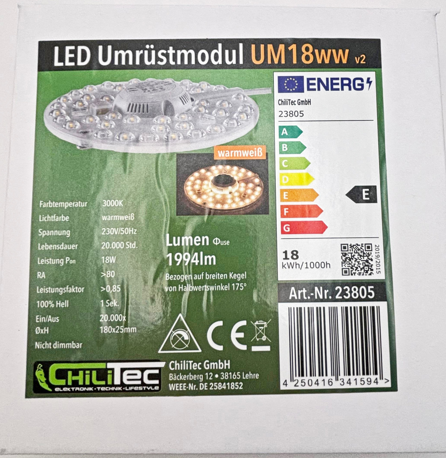 ChiliTec LED Modul "UM18ww V2" Ø18cm 18W 3000K 1994Lm Magnethalter 23805 - Leuchten Umrüstung