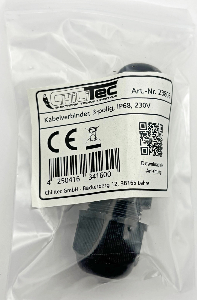 Kabelverbinder IP68 3polig schwarz Kabel Ø6-11mm 23806