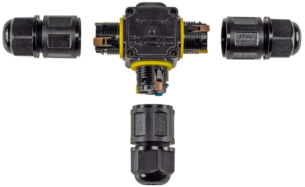 Kabelverbinder T-Form IP68 3-polig Kabel Ø6-11mm Klemmanschluss schwarz 23808