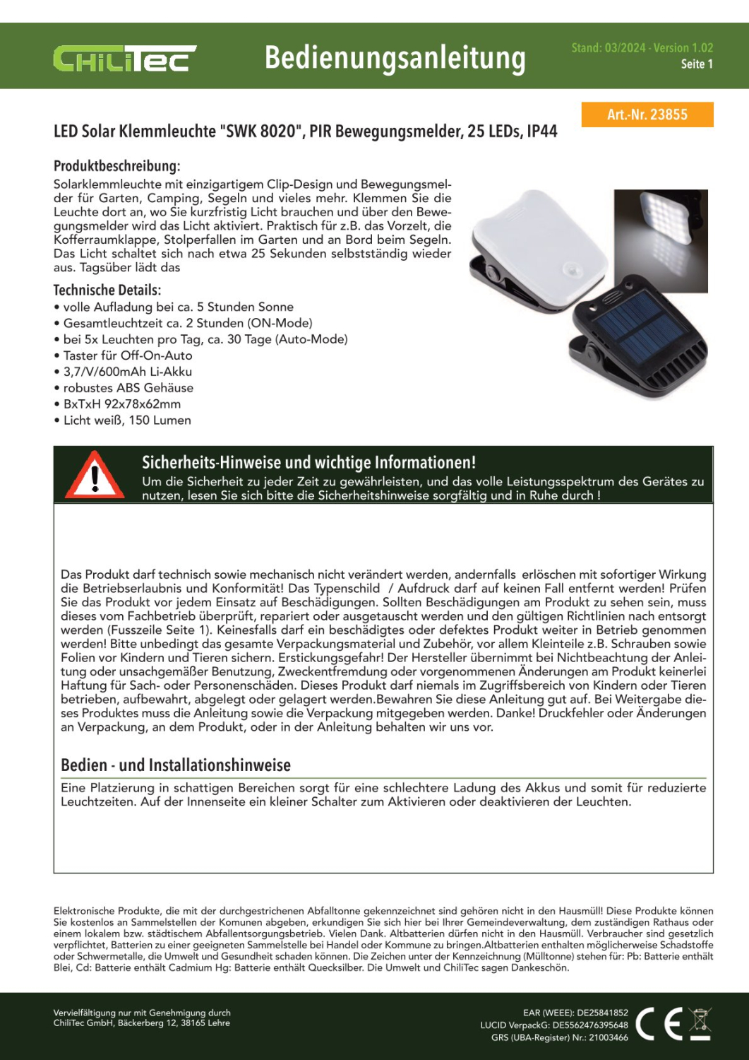 ChiliTec LED Solar Klemmleuchte "SWK 8020" PIR Bewegungsmelder IP44 23855