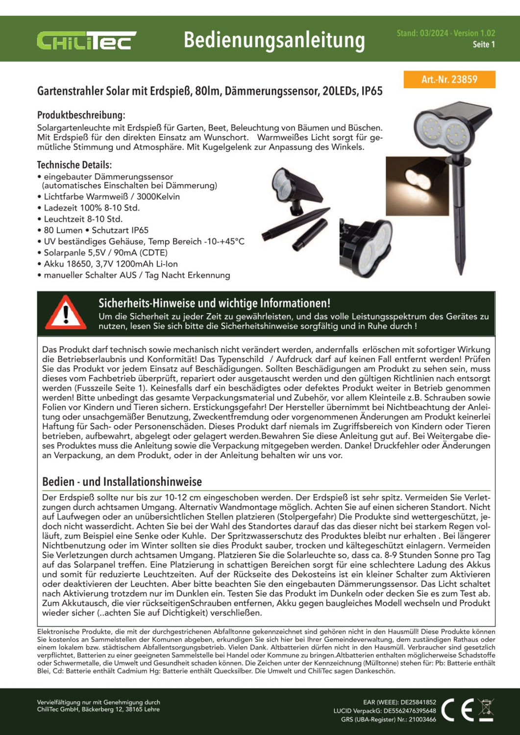 ChiliTec LED Solar Gartenstrahler mit Erdspieß und Dämmerungssensor IP65 23859