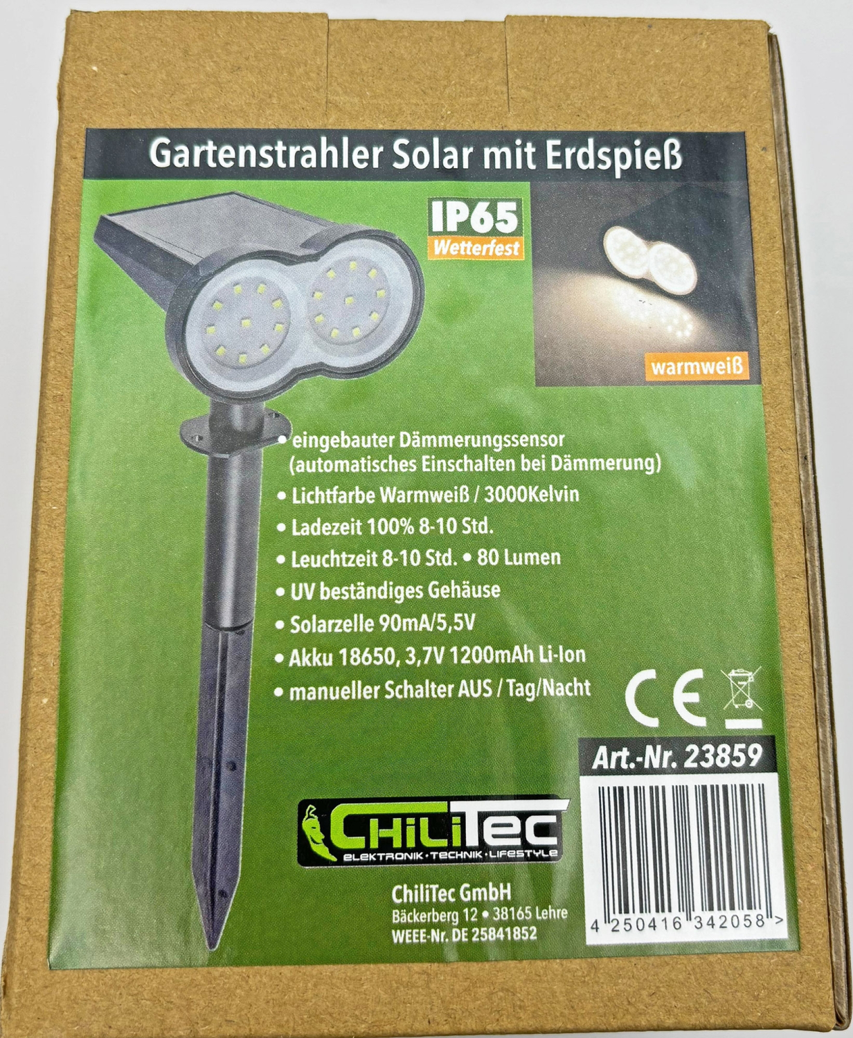 ChiliTec LED Solar Gartenstrahler mit Erdspieß und Dämmerungssensor IP65 23859