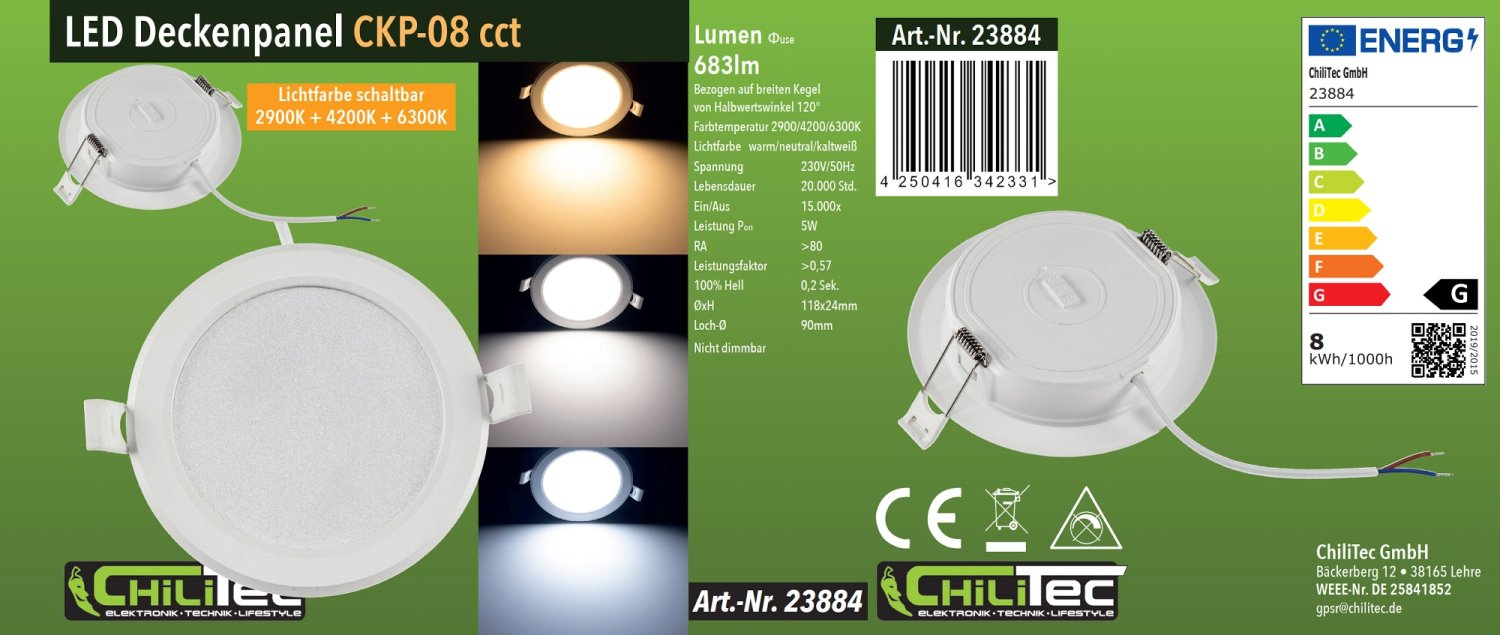 LED Licht-Panel "CKP-08 CCT" 8W 3000/4000/6200K Ø118mm Einbauleuchte 23884