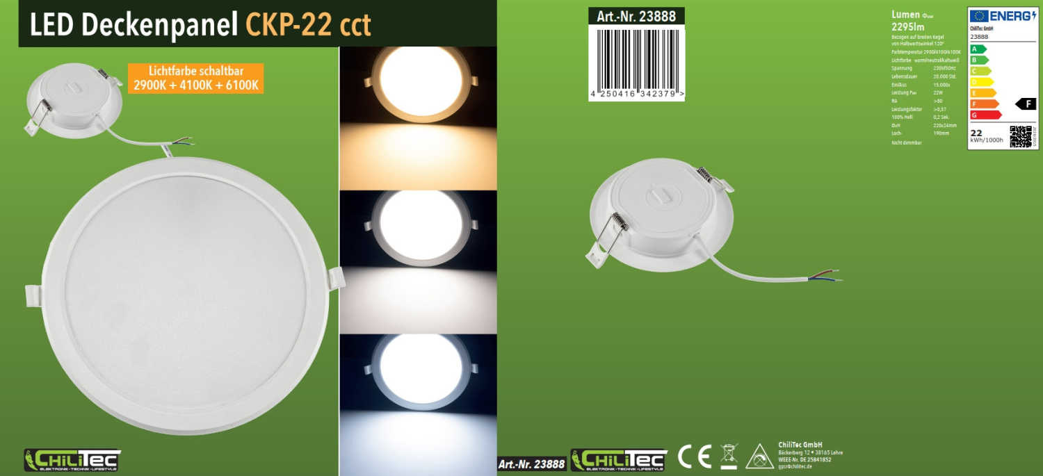 LED Licht-Panel "CKP-22 CCT" 22W 3000/4000/6200K Ø223mm Einbauleuchte 23888