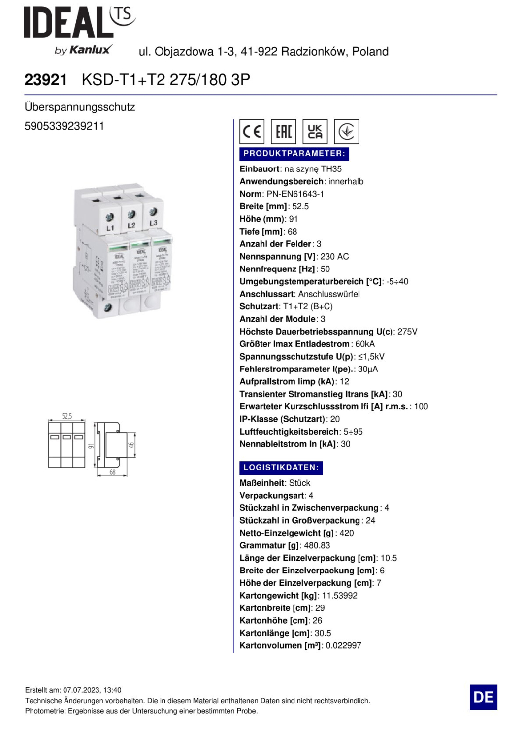 Überspannungsschutzschalter KSD T1+T2 (B+C) 275/180 3P 60kA Überspannungsschutz Ideal 23921
