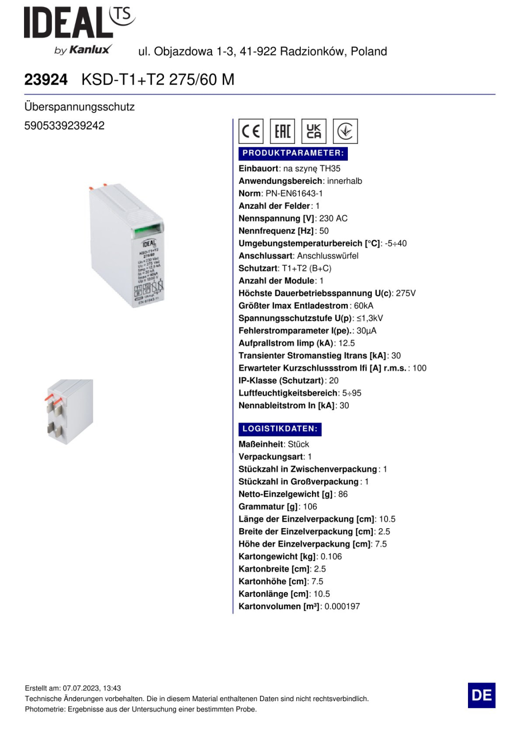 Überspannungsschutz KSD T1+T2 (B+C) 275/60 M Überspannungsschutzschalter Ideal 23924