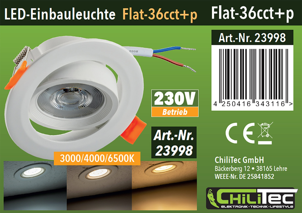 LED Einbauleuchte "Flat-36 CCT+P" 3W/5W/7W 3000K 4000K 6500K schwenkbar 23998