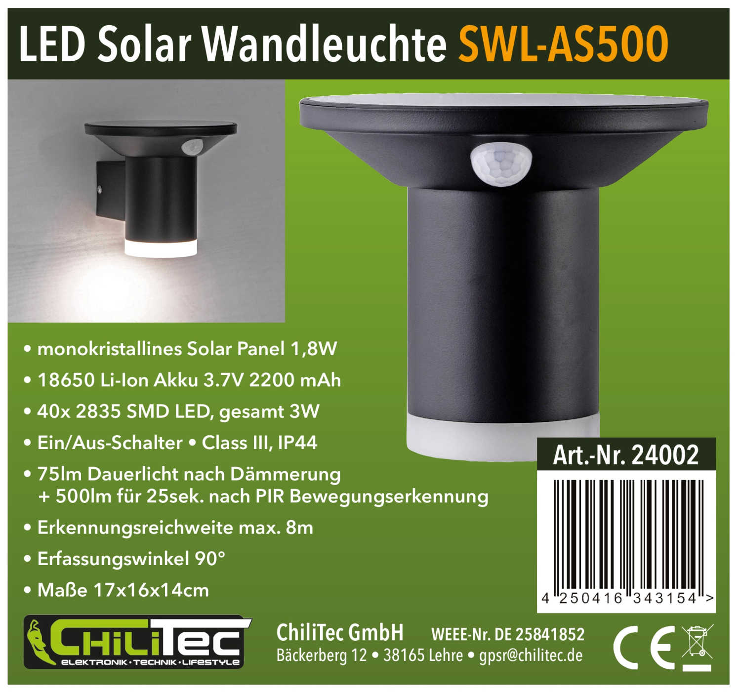ChiliTec LED Solar Wandleuchte "SWL-AS500" IP44 3000K PIR Sensor 24002