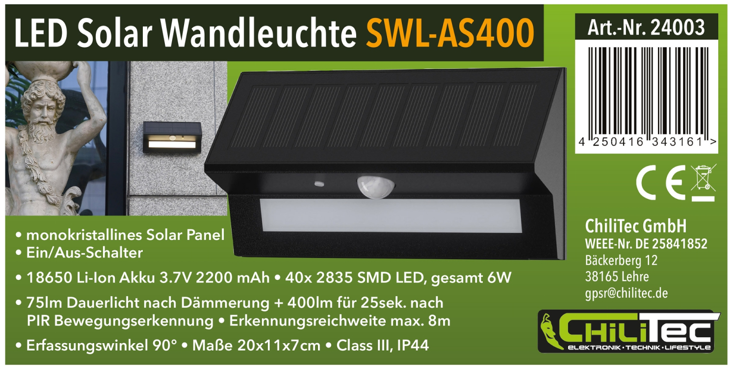 ChiliTec LED Solar Wandleuchte "SWL-AS400" IP44 PIR Bewegungsmelder 3000K 24003