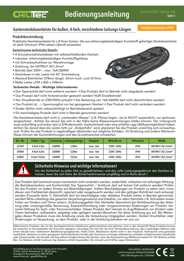 4-fach Werkstattsteckdose mit Deckel 10m Kabel IP44 Gartensteckdosenleiste 24005