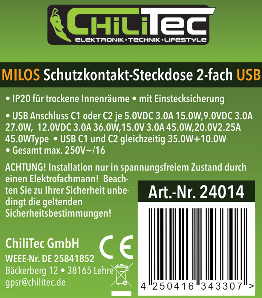 MILOS Steckdose 2-fach USB C/PD anthrazit mit Einstecksicherung 24014