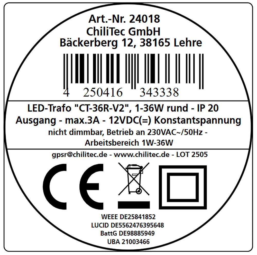 LED Trafo 12VDC 0,5-36W CT-36E 24018