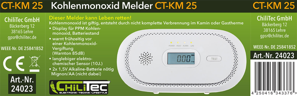 Kohlenmonoxid Melder "CT-KM 25" EN 50291 zertifiziert 24023