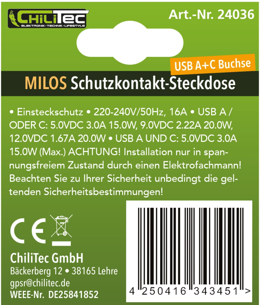 MILOS Steckdose anthrazit mit USB-A USB-C / PD 3.0 Schutzkontakt UP 24036