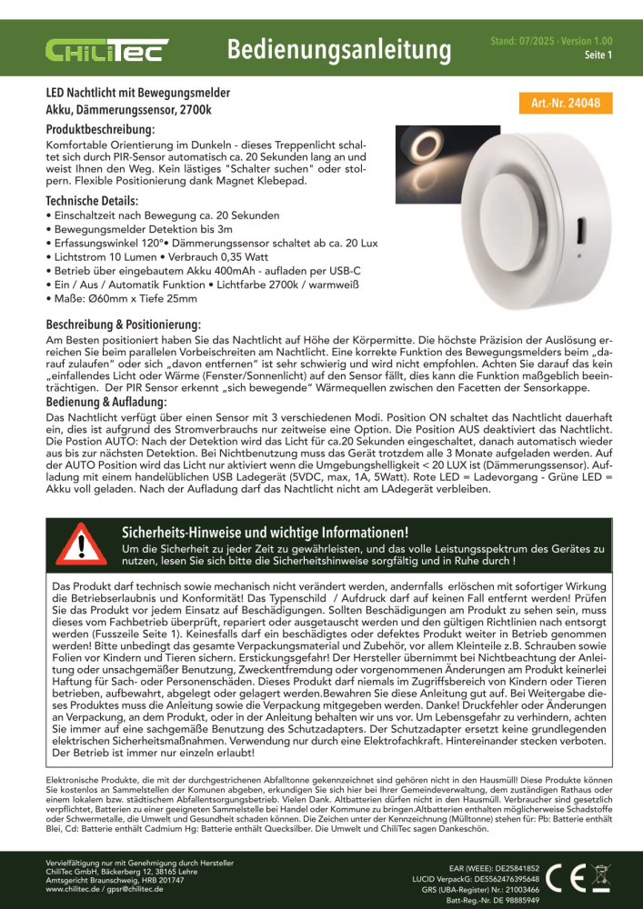 LED Nachtlicht mit Bewegungsmelder Akku Dämmerungssensor 2700K 24048