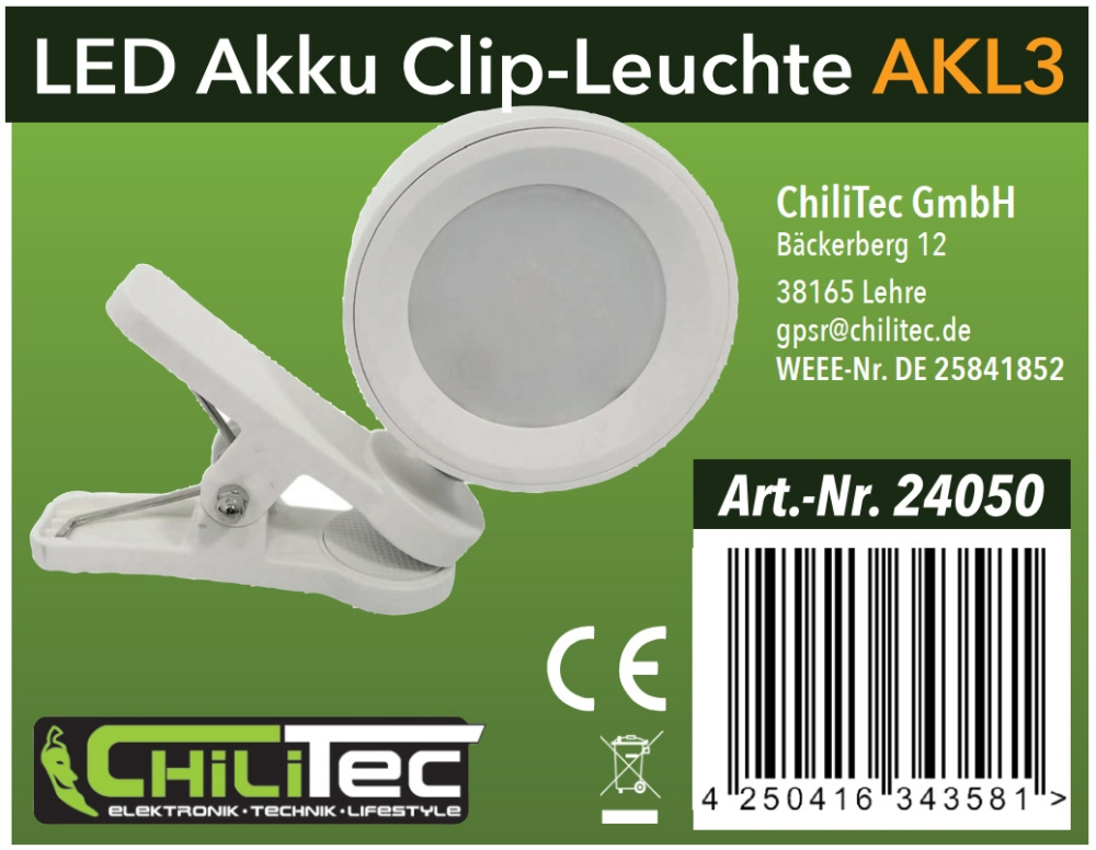 LED Akkuleuchte "CT-AKL3" CCT 3000/4000/6000K Klemmleuchte weiss 24050