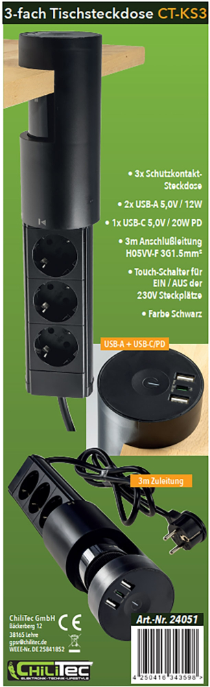 3-fach Tischsteckdosen Einbau "CT-KS 3" USB-A + USB-C, 3m Kabel, schwarz 24051