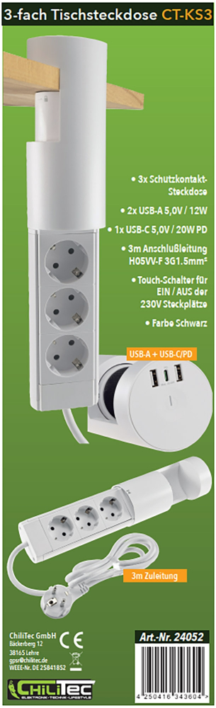Schreibtischsteckdosen 3x Einbausteckdosen "CT-KS 3" USB A+C, 3m Kabel, Weiß 24052