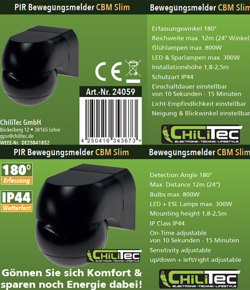Aufputz-3-Draht PIR Infrarot-Bewegungsmelder anthrazit CBM-SL black 180° IP44 24059