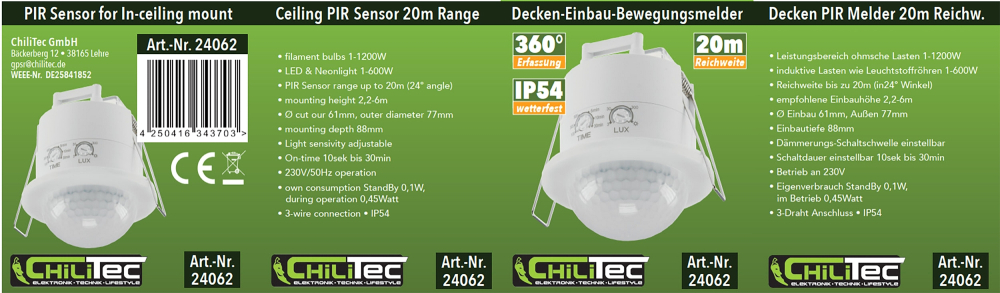 PIR Bewegungsmelder 360° IP54 Präsenzfunktion 20m Reichweite Einbau 3-Draht 24062