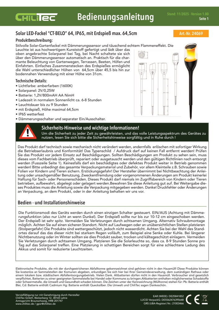 ChiliTec Solar LED-Fackel CT-BELO 64 IP65 1600K Erdspieß max.H64,5cm 24069