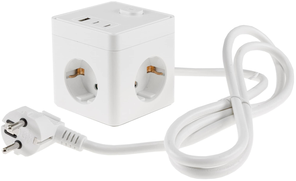 Steckdosen-Würfel 1x USB-A 2x USB-C 1,5m Kabel weiss 24074