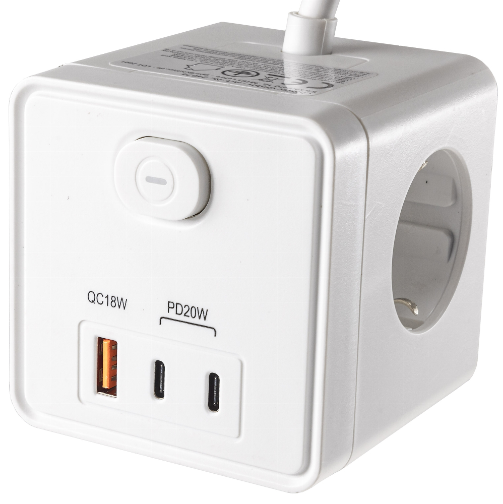 Steckdosen-Würfel 1x USB-A 2x USB-C 1,5m Kabel weiss 24074