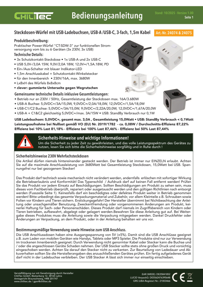 Steckdosen-Würfel 1x USB-A 2x USB-C 1,5m Kabel schwarz 24075