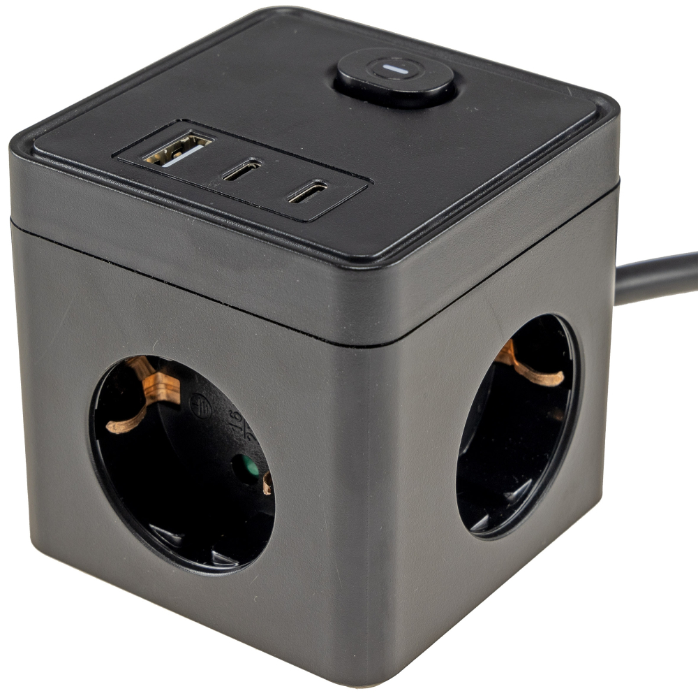 Steckdosen-Würfel 1x USB-A 2x USB-C 1,5m Kabel schwarz 24075