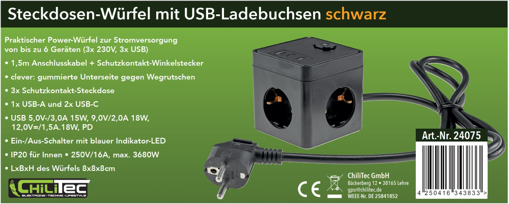 Steckdosen-Würfel 1x USB-A 2x USB-C 1,5m Kabel schwarz 24075