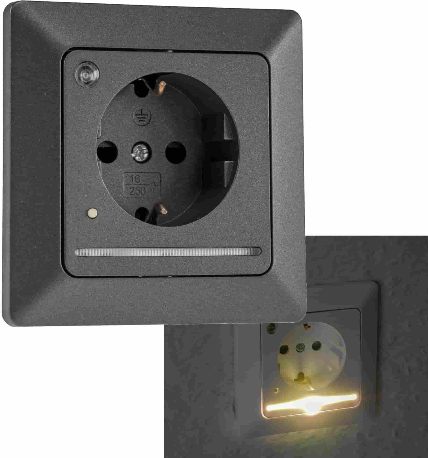 MILOS Schutzkontakt-Steckdose mit LED Anthrazit UP, Licht mit Sensor 24085