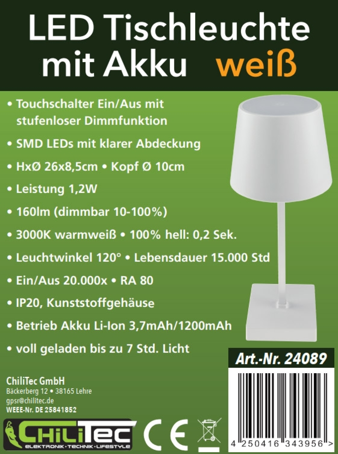 LED Akku Tischleuchte 26cm dimmbar 160Lm 1200mAh 3000K USB-C Weiß 24089
