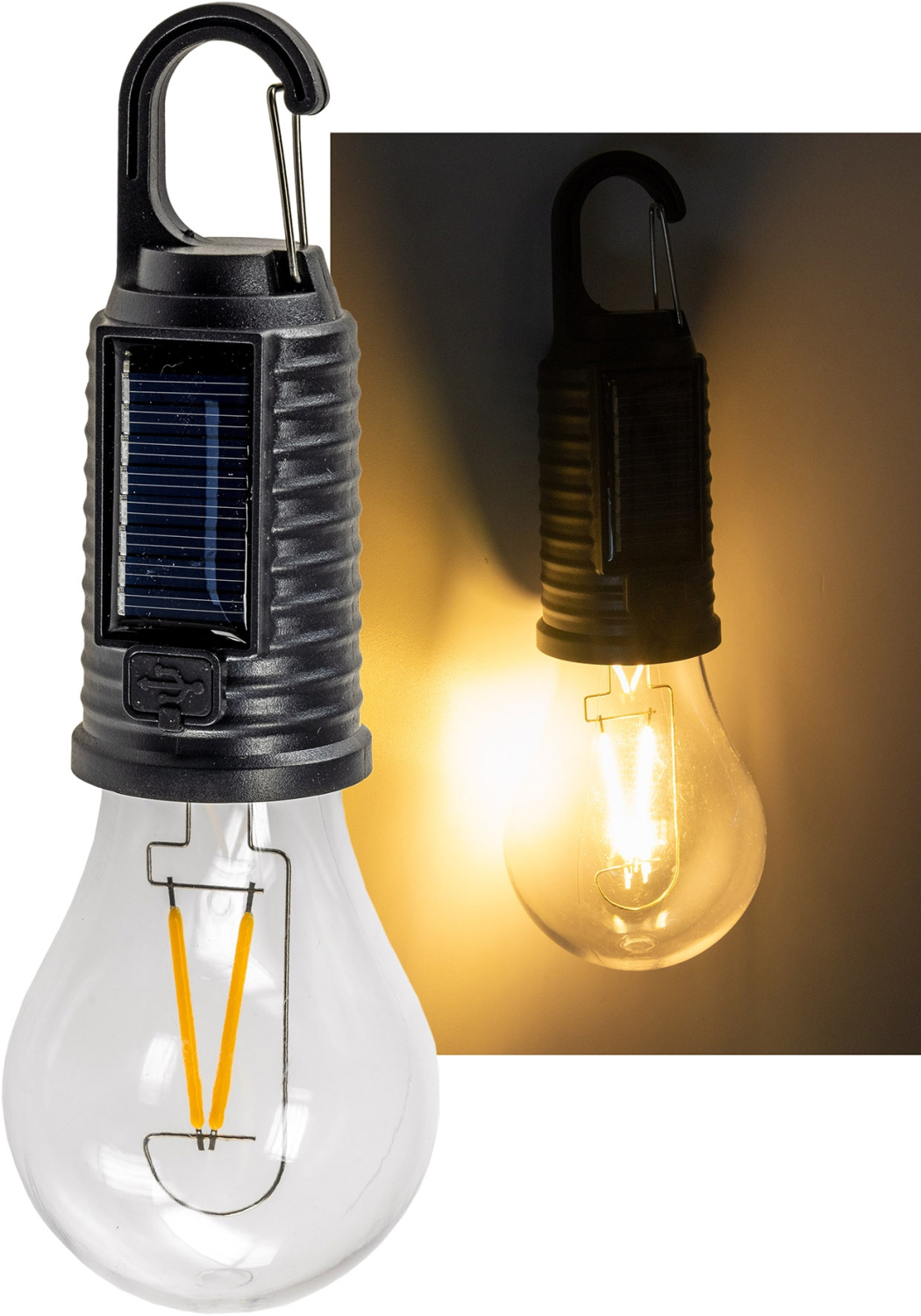 ChiliTec LED Solar Glühlampe "CT-KL3" mit Akku, Haken / Karabiner, Warmweiss 3000K 24095