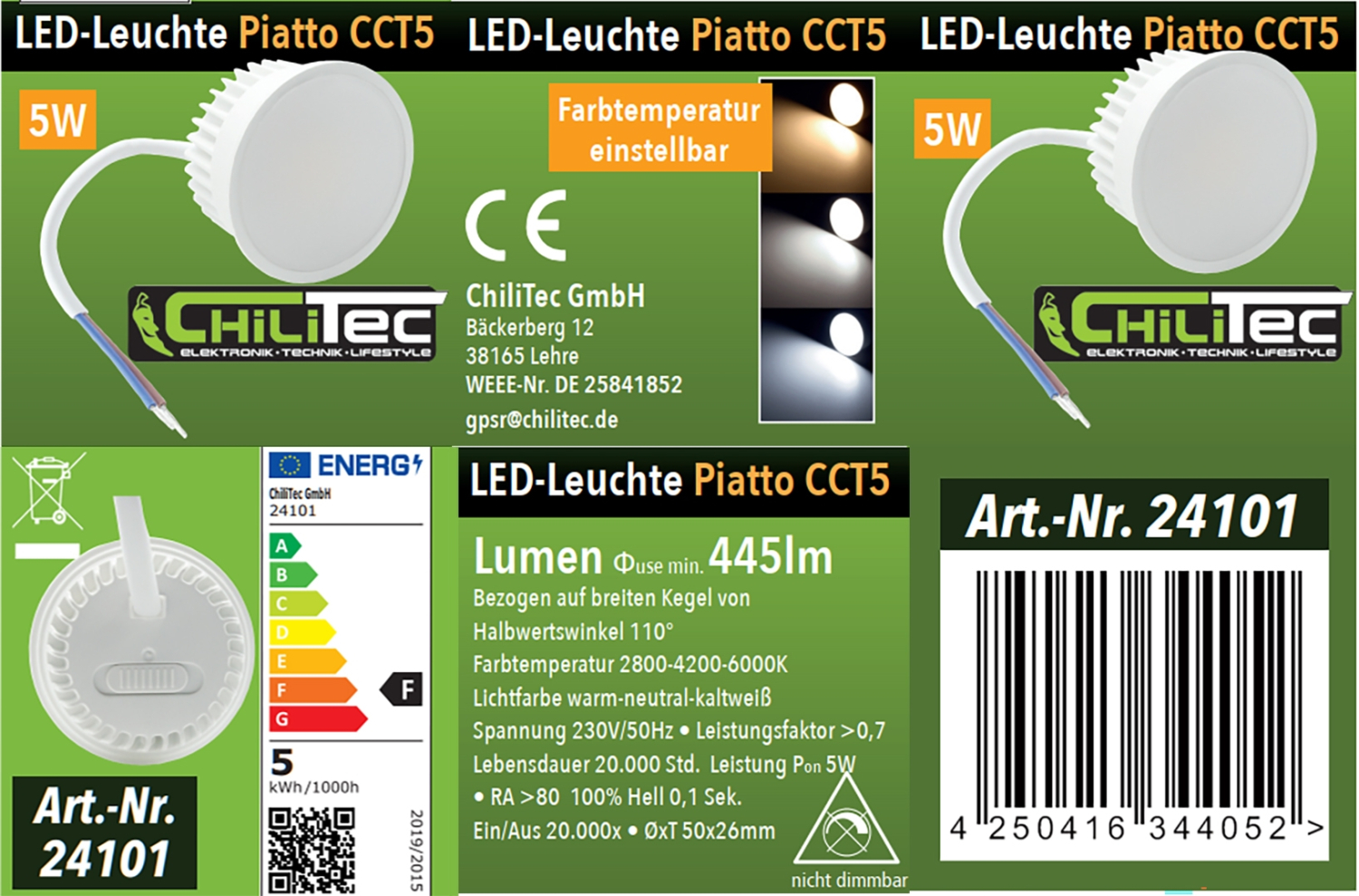 ChiliTec LED Modul "Piatto CCT 5" 100° Einbaustrahler 5W 3000K/4000K/6500K 24101