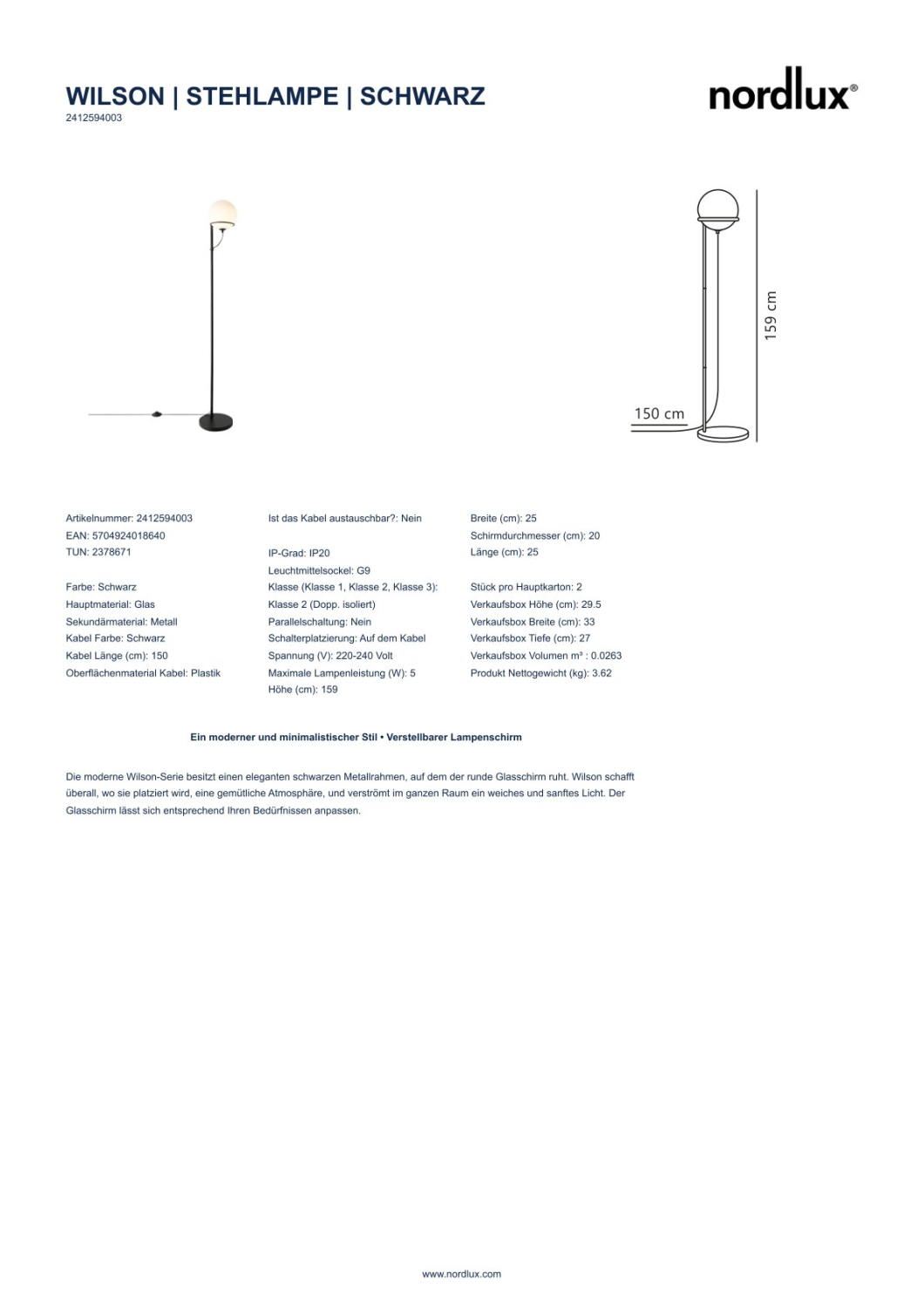 Nordlux Stehlampe Wilson schwarz G9 Glas Stehleuchte Fußschalter 2412594003