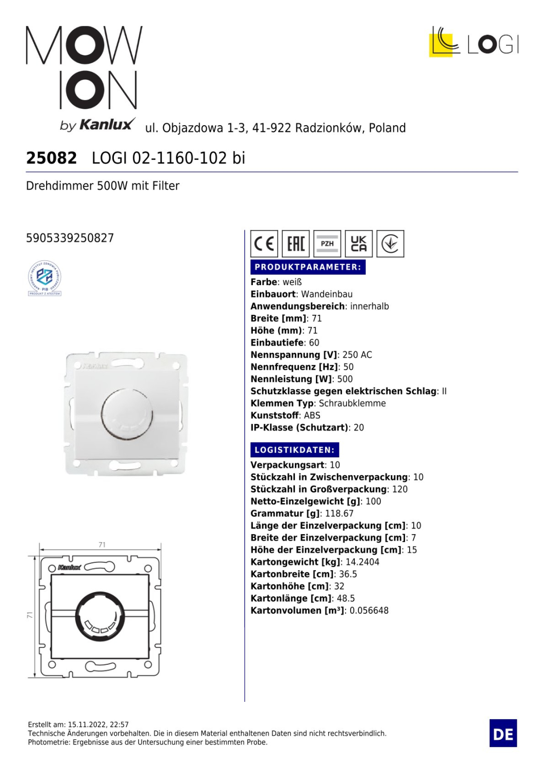 LOGI Drehdimmer 500W ohne Rahmen Unterputz 25082