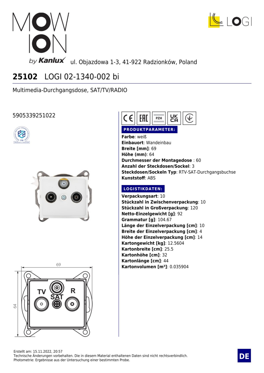 LOGI Multimedia-Durchgangsdose, SAT+TV+Radio Dose UP Weiss 25102