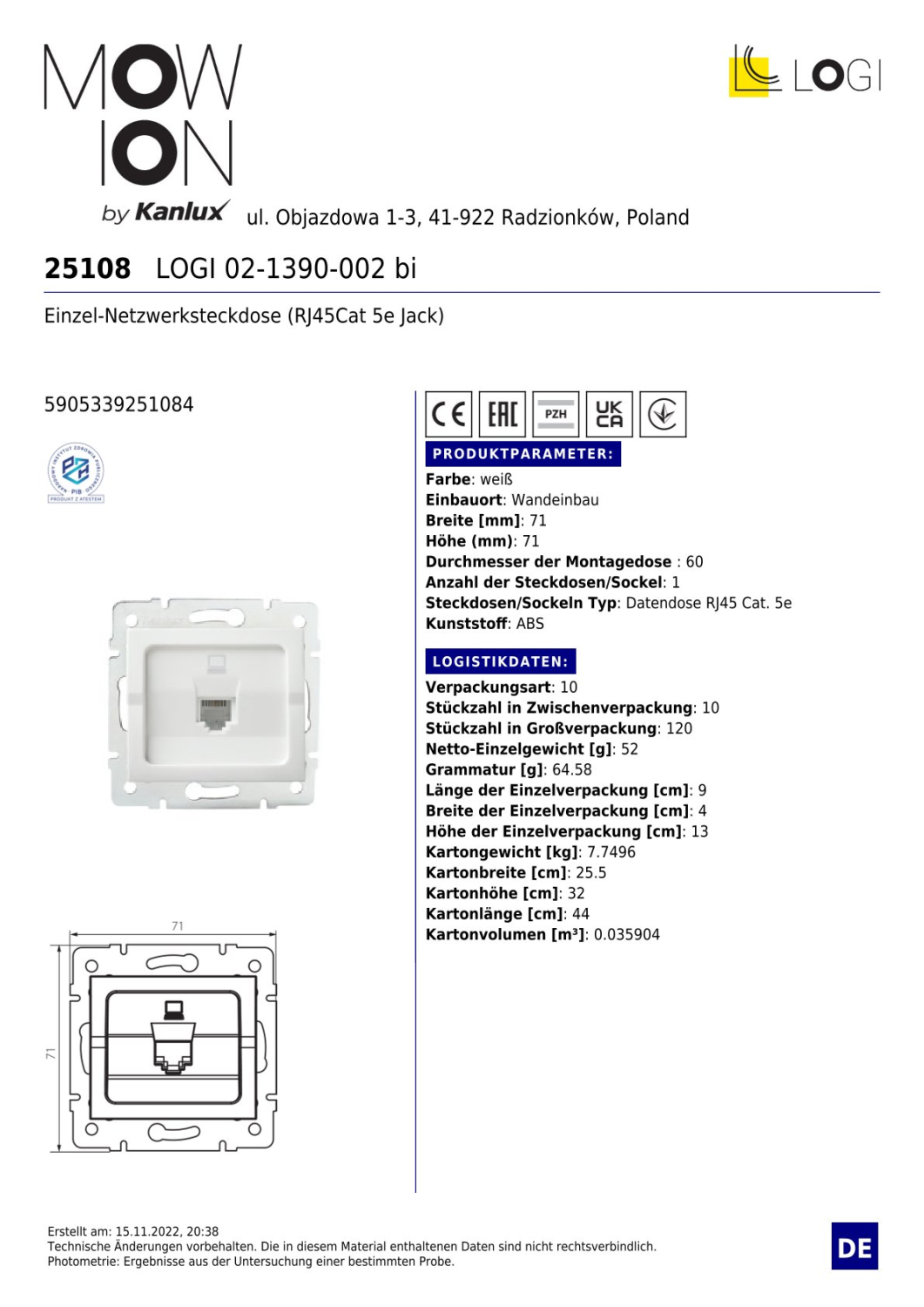 LOGI Einzel-Netzwerksteckdose RJ45 Cat5e Jack Datenbuchse Weiss 25108