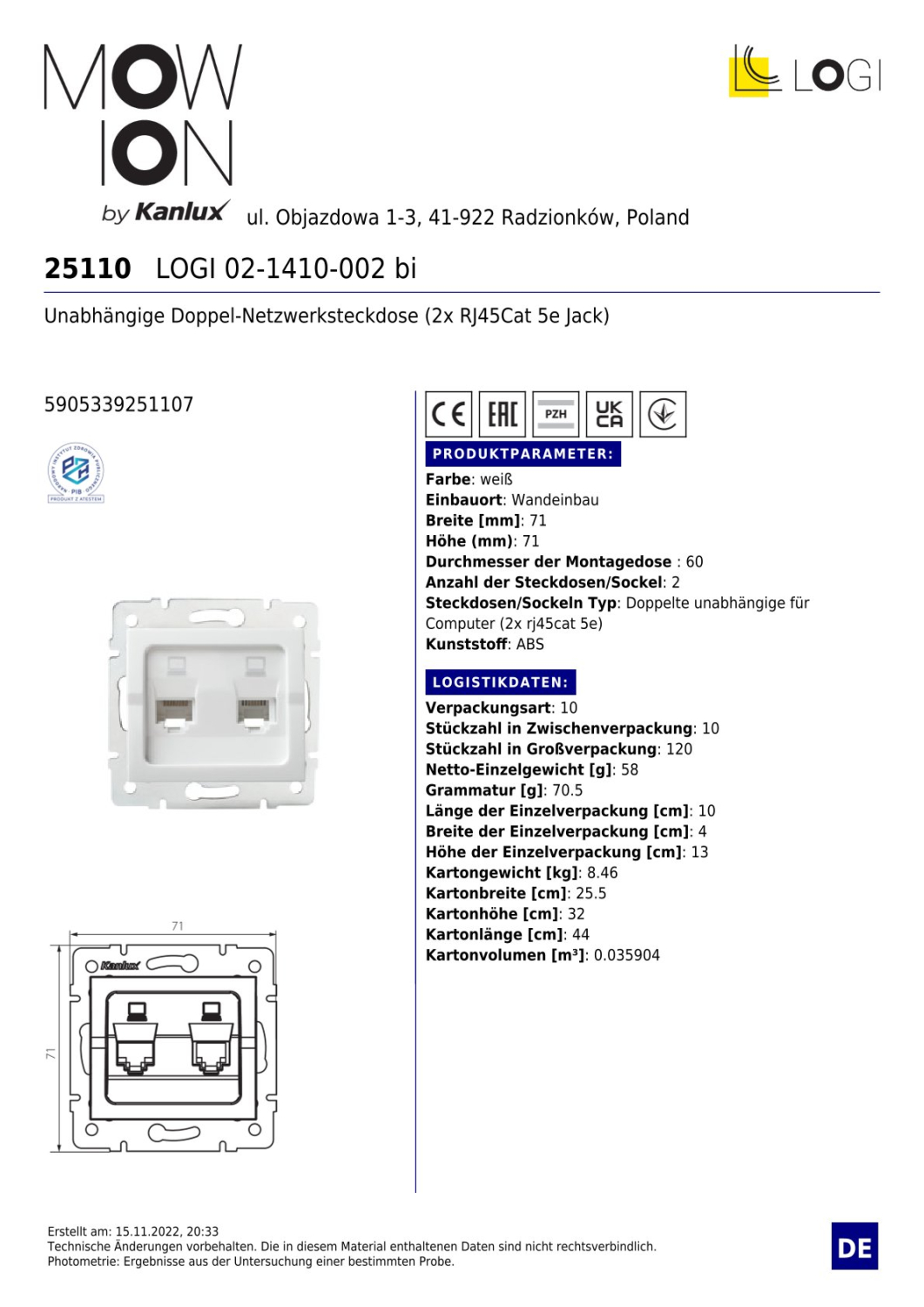 LOGI 2-fach Datenbuchse Netzwerksteckdose RJ45 Cat5e Jack Weiss 25110