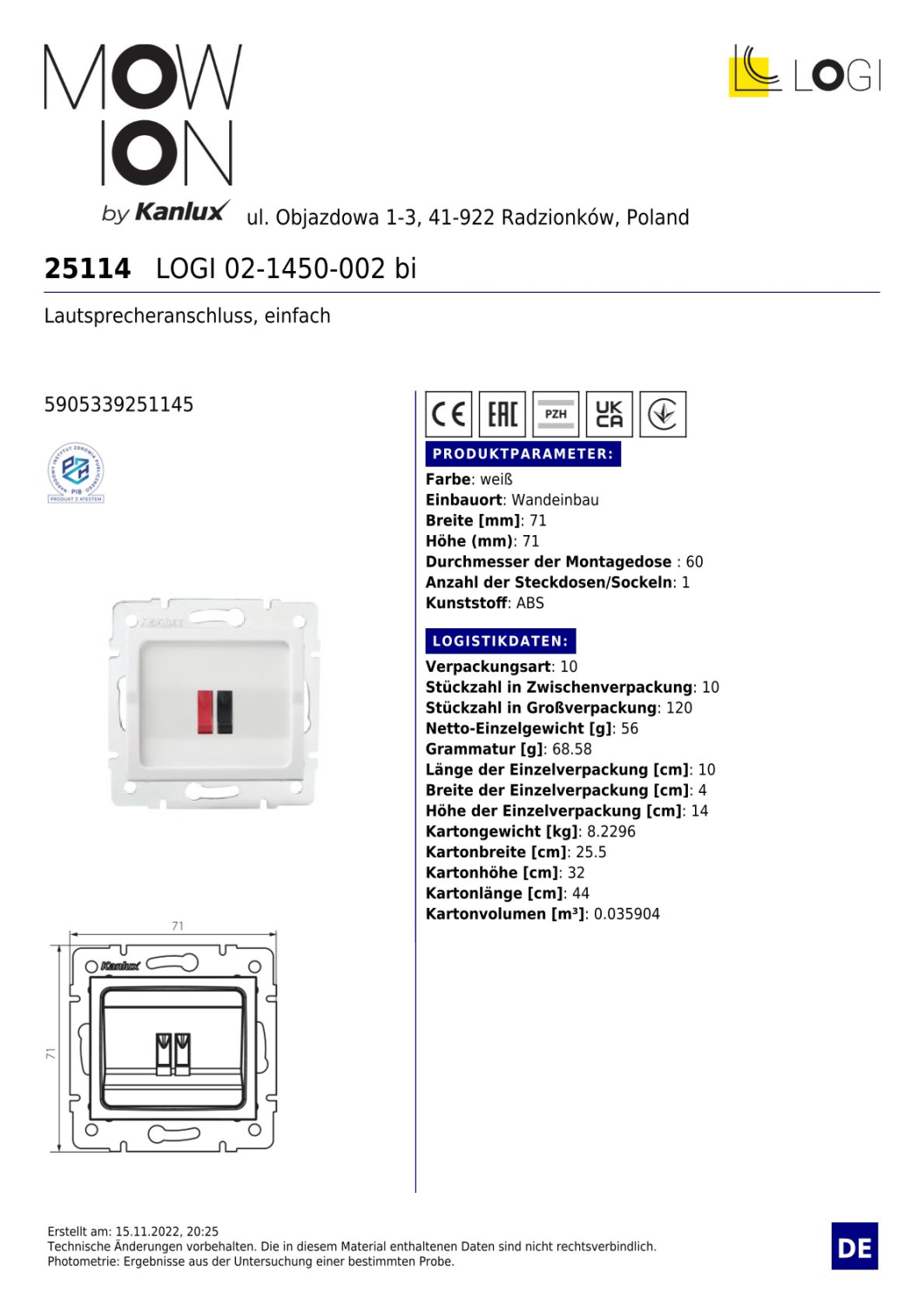 LOGI Lautsprecheranschluss, einfach Weiss 25114