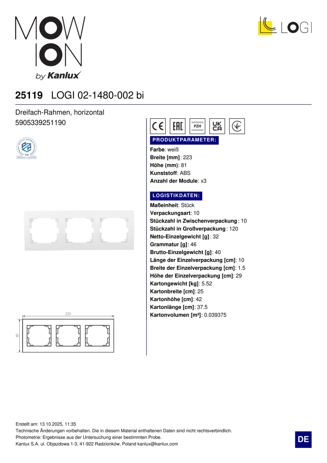 LOGI 3-fach Rahmen Steckdosenabdeckung Horizontal Weiss 25119
