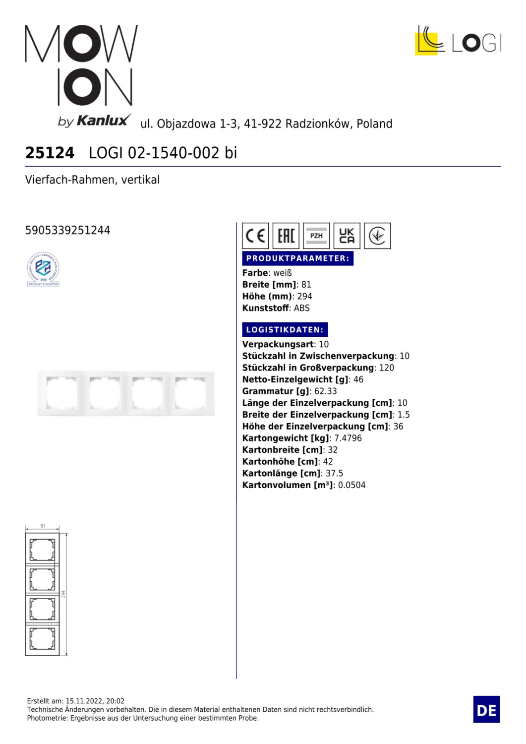 LOGI 4-fach Rahmen Steckdosenabdeckung vertikal Weiss 25124