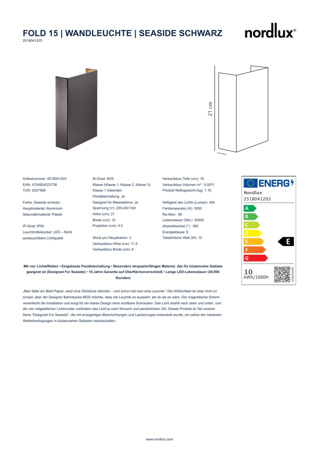 Nordlux LED Fassadenleuchte Fold 15 Seaside 2x5W IP54 Wandleuchte schwarz 2518041203